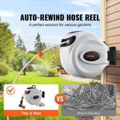 Auto-rewind hose reel for garden irrigation and watering systems, easy to install and use.