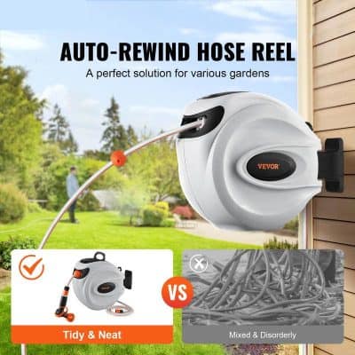 Auto-rewind hose reel for garden irrigation and watering systems, easy to install and use.
