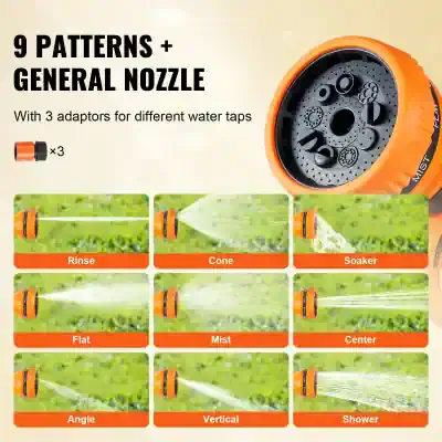9 PATTERNS AND GENERAL NOZZLE FOR GARDEN WATERING, includes 3 adaptors for different water tap types, perfect for lawn and garden irrigation.