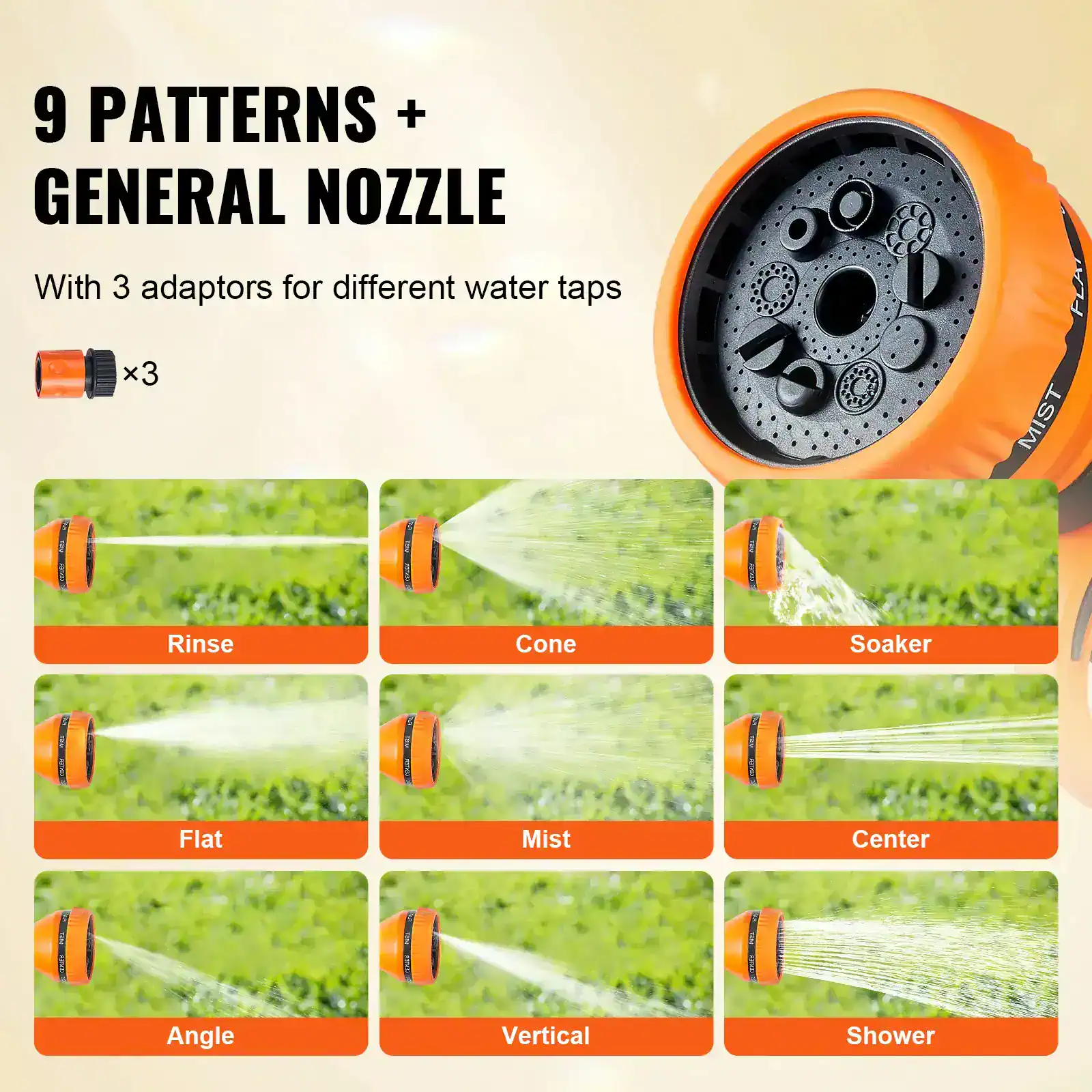 9 PATTERNS AND GENERAL NOZZLE FOR GARDEN WATERING, includes 3 adaptors for different water tap types, perfect for lawn and garden irrigation.