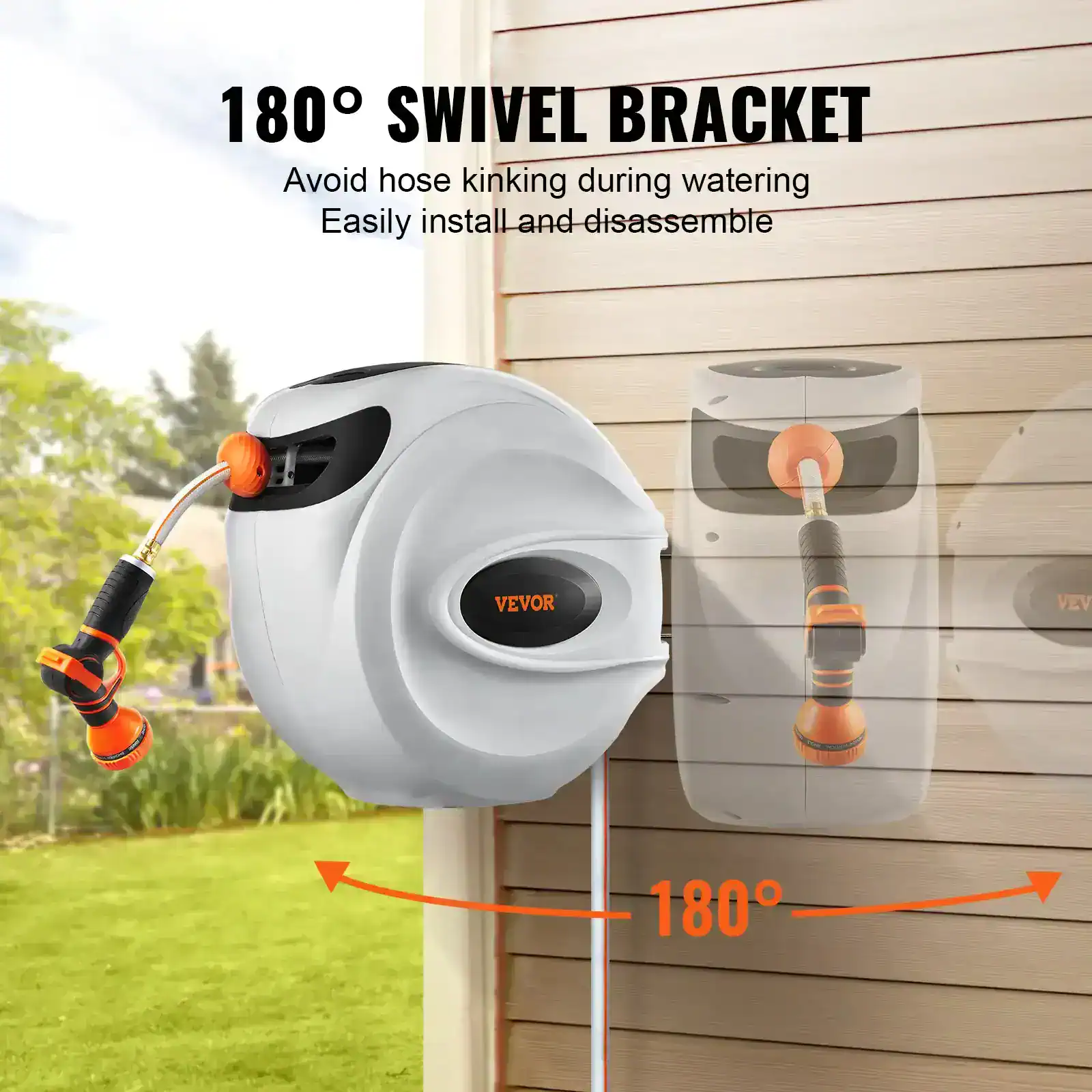 180° swivel garden hose reel with easy installation, anti-kink design, and adjustable bracket for efficient water management and outdoor irrigation.