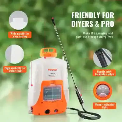 High-capacity backpack sprayer for gardening, pest control, and agricultural application, featuring wide mouth for easy filling, water level indicator, lockable handle, and bright visibility design.