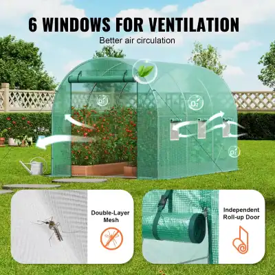 6 window greenhouse for gardening, promoting better air circulation with double-layer mesh and independent roll-up door for pest protection and ventilation.