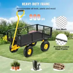 Heavy-duty black steel wagon with iron mesh sides, designed for gardening and outdoor tasks, supporting up to 900 lbs with large pneumatic tires.