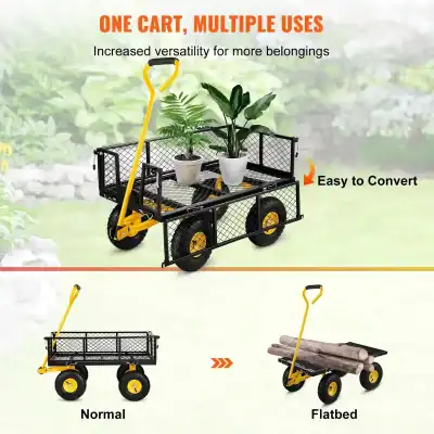 Flexible garden cart with adjustable configurations, ideal for transporting plants and logs, featuring sturdy wheels and easy conversion from normal to flatbed for versatile gardening needs.