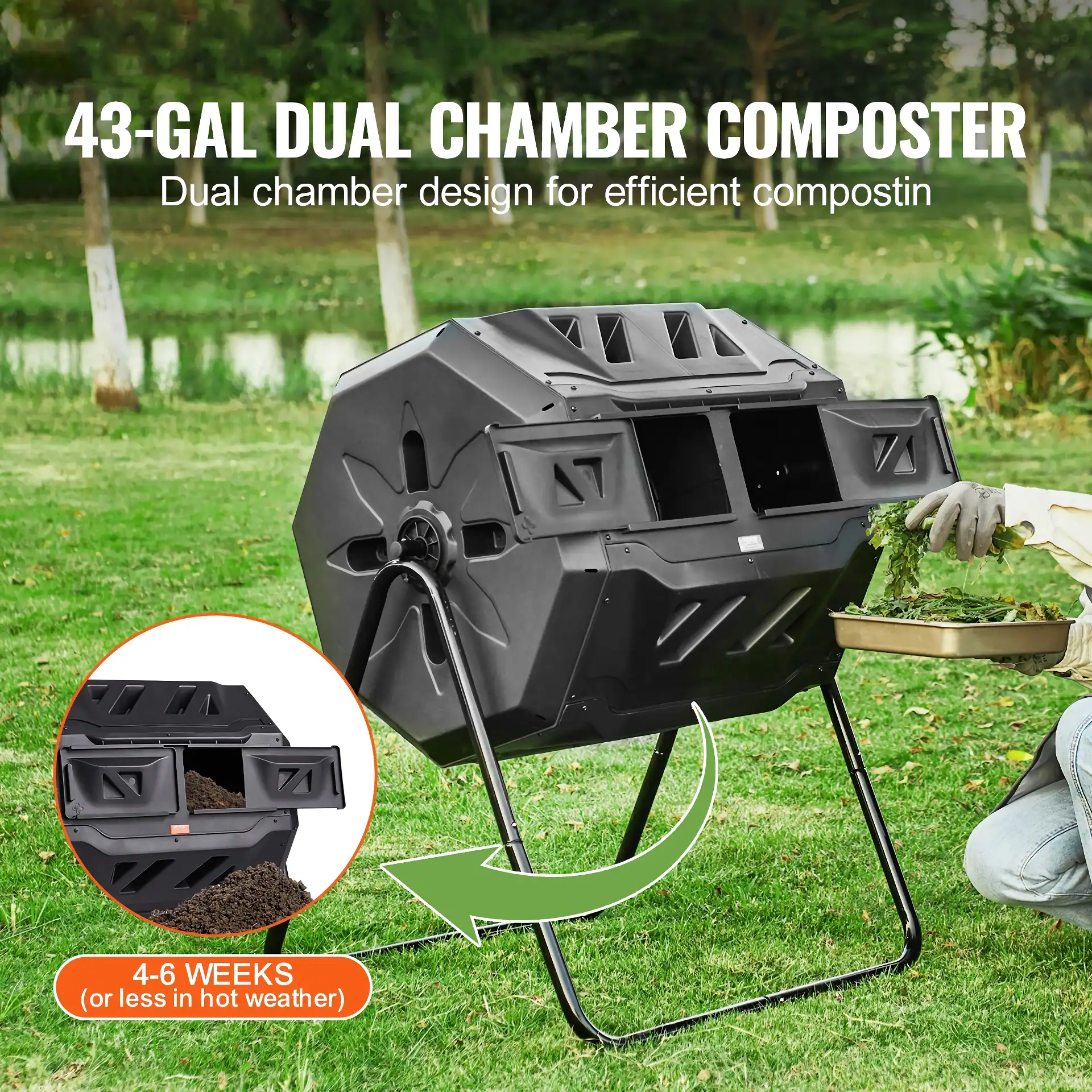43-gallon dual chamber composting bin for efficient organic waste recycling and compost production, ideal for sustainable gardening and eco-friendly waste management.
