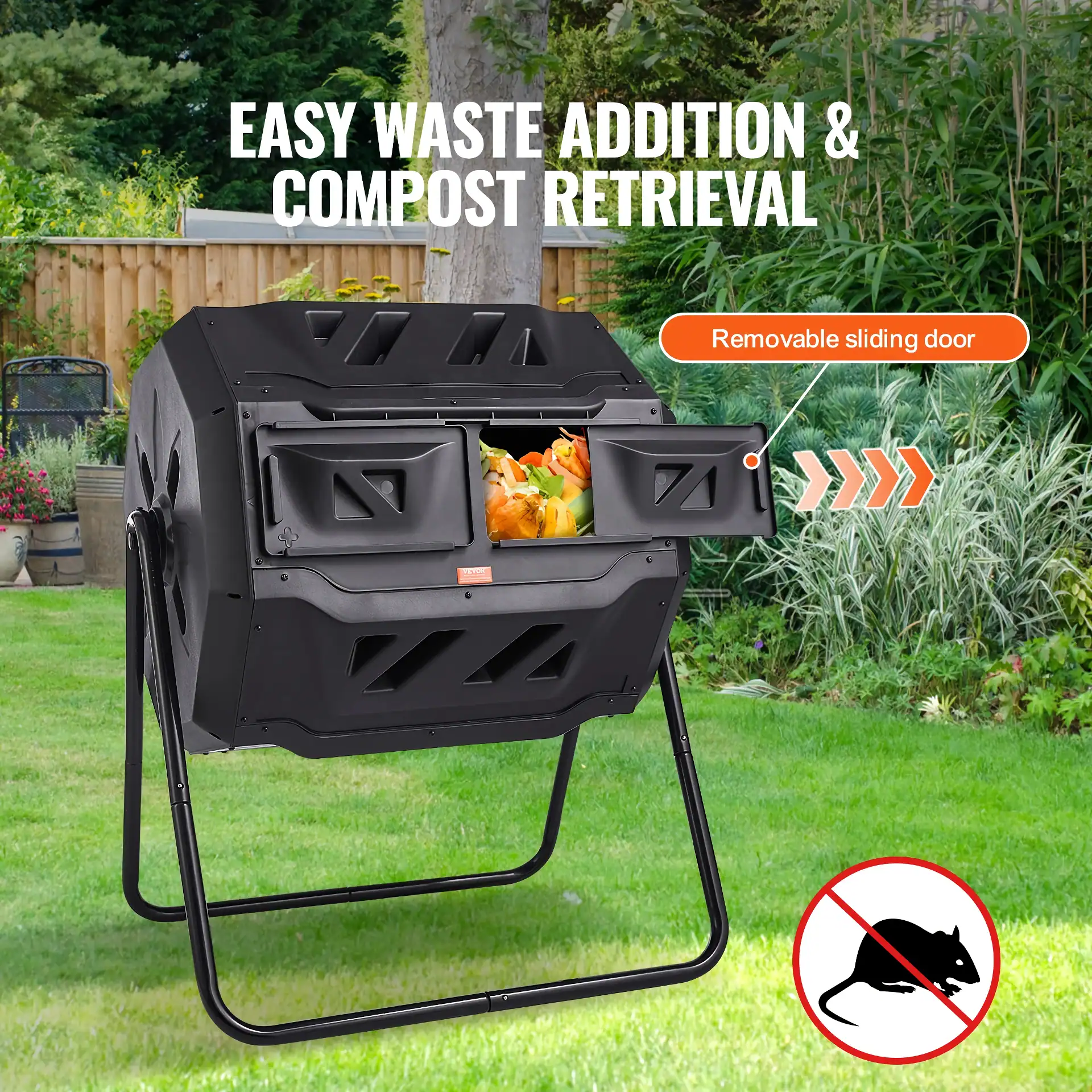 Biodegradable waste composter with removable sliding door, ideal for eco-friendly organic waste recycling in gardens.