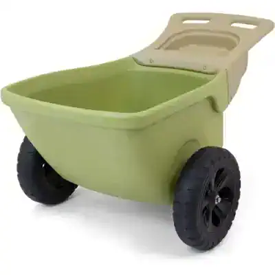 Bright green medical transport cart with wheels, ideal for healthcare institutions and patient transfer. Durable plastic material, easy to maneuver, designed for efficient hospital logistics.