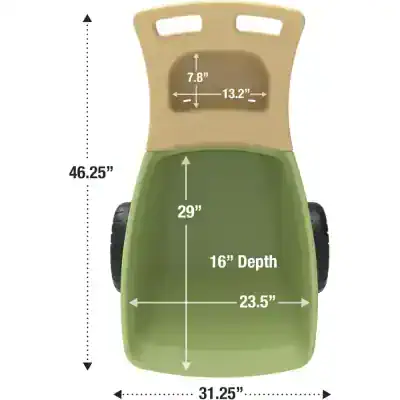 Bright green and beige children's wheelchair with detailed measurements for size and fit, designed for comfort and mobility in pediatric eye care clinics and medical offices.