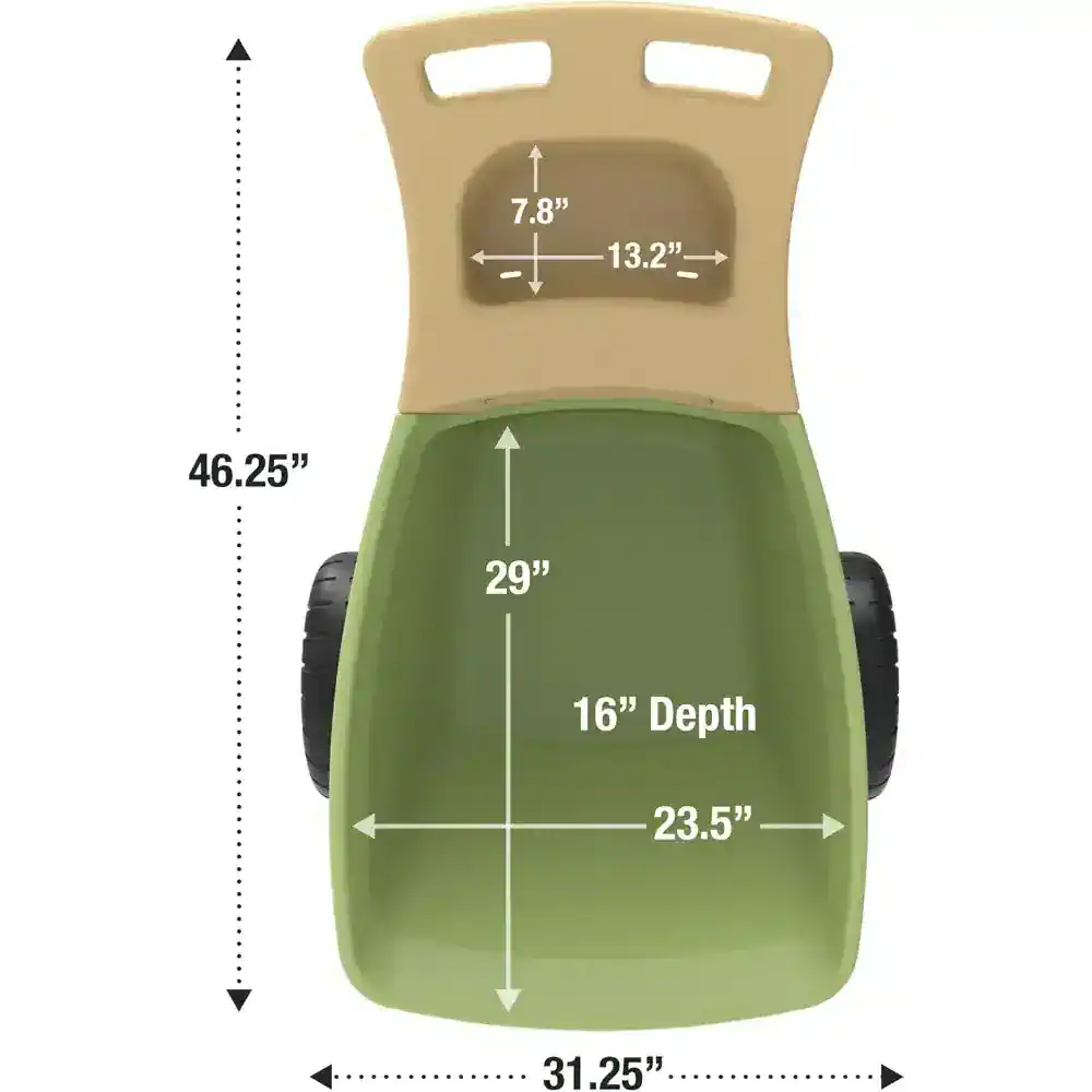 Bright green and beige children's wheelchair with detailed measurements for size and fit, designed for comfort and mobility in pediatric eye care clinics and medical offices.