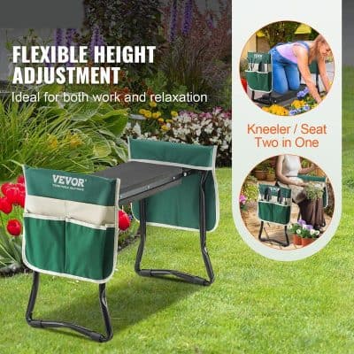 Flexible height adjustable garden work table with seat and kneeler, ideal for gardening, outdoor hobbies, and DIY projects, featuring two-in-one design for comfort and convenience.
