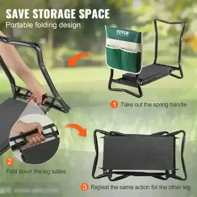 Foldable portable storage chair for space-saving organization, featuring a removable green fabric bag, easy-leg tube folding, and compact design for outdoor and indoor use.