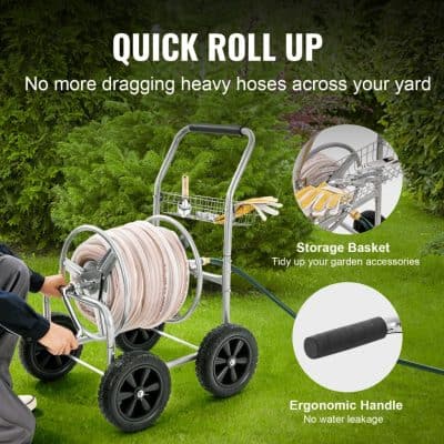 Heavy-duty garden hose reel cart for quick rolling and easy watering, featuring a storage basket and ergonomic handle; ideal for garden irrigation and outdoor maintenance.
