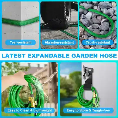 Durable expandable garden hose with tear, abrasion, and crush resistance for lawn watering and outdoor gardening.