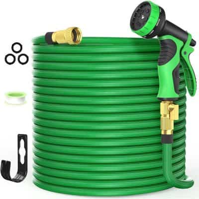 Flexible garden hose with spray nozzle and accessories for outdoor watering and gardening tasks.