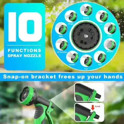 10 spray nozzle functions for garden watering, including mist, jet, shower, cone, flat, full, center, 1/2 vertical, angle, and soaker, with snap-on bracket for hands-free use.