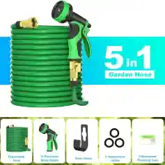 Expandable garden hose with spray nozzle and accessories, durable 5-in-1 garden hose set for watering and cleaning tasks, including hose clamp, replacement rubber rings, and waterproof plumbing tape.