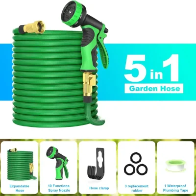 Expandable garden hose with spray nozzle and accessories, durable 5-in-1 garden hose set for watering and cleaning tasks, including hose clamp, replacement rubber rings, and waterproof plumbing tape.