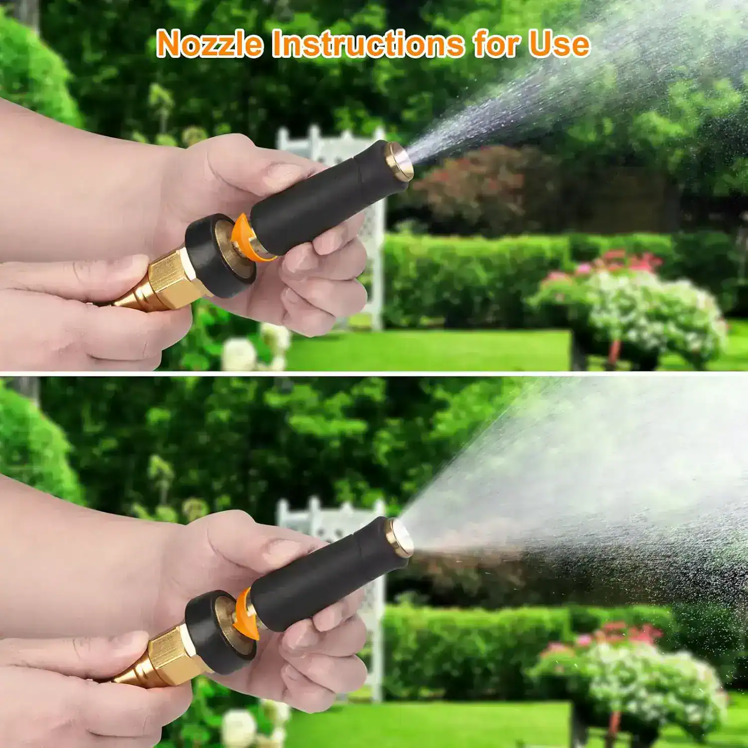 Spray bottle nozzle for garden or plant watering, with images showing spray pattern, promotion of garden tools, outdoor watering equipment, horticulture accessories, Monalisa Store product.