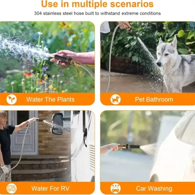 Cleaning a white car with a high-pressure water hose.