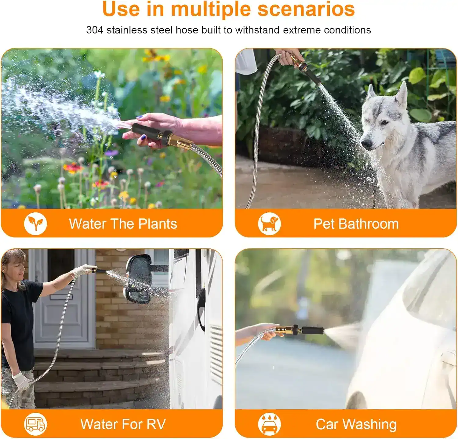 Cleaning a white car with a high-pressure water hose.