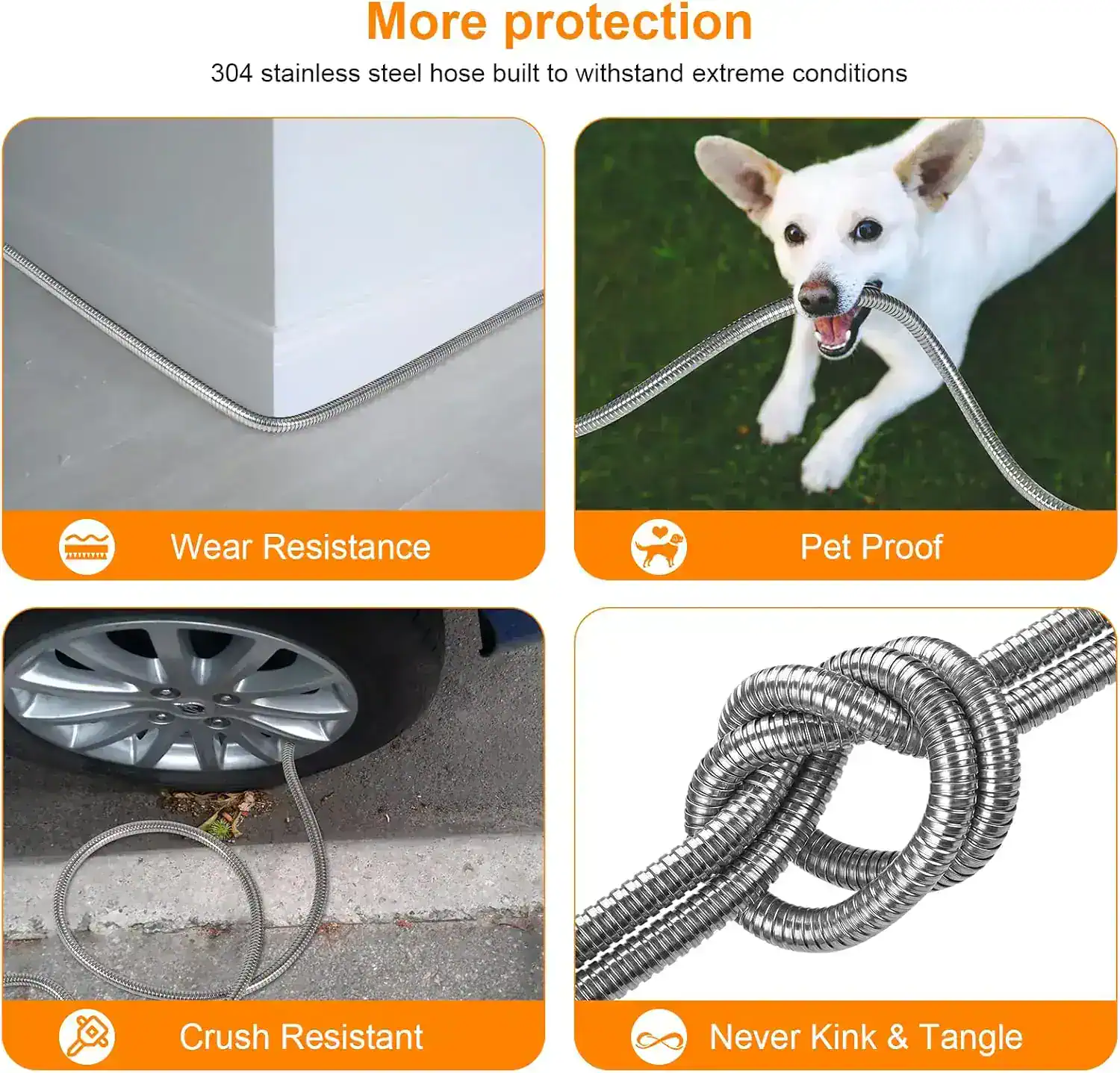 High-quality stainless steel hose for durable protection, pet-proof and crush resistant, never kink or tangle, ideal for secure water connections and pet safety.