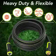 Heavy duty flexible garden hose with anti-bite, abrasion, and crack resistance, UV and ozone resistant, kink-free, and highly durable for outdoor watering needs.