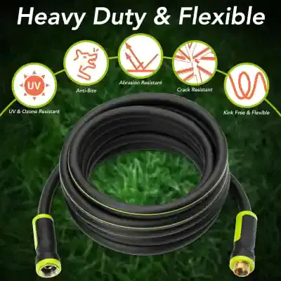 Heavy duty flexible garden hose with anti-bite, abrasion, and crack resistance, UV and ozone resistant, kink-free, and highly durable for outdoor watering needs.