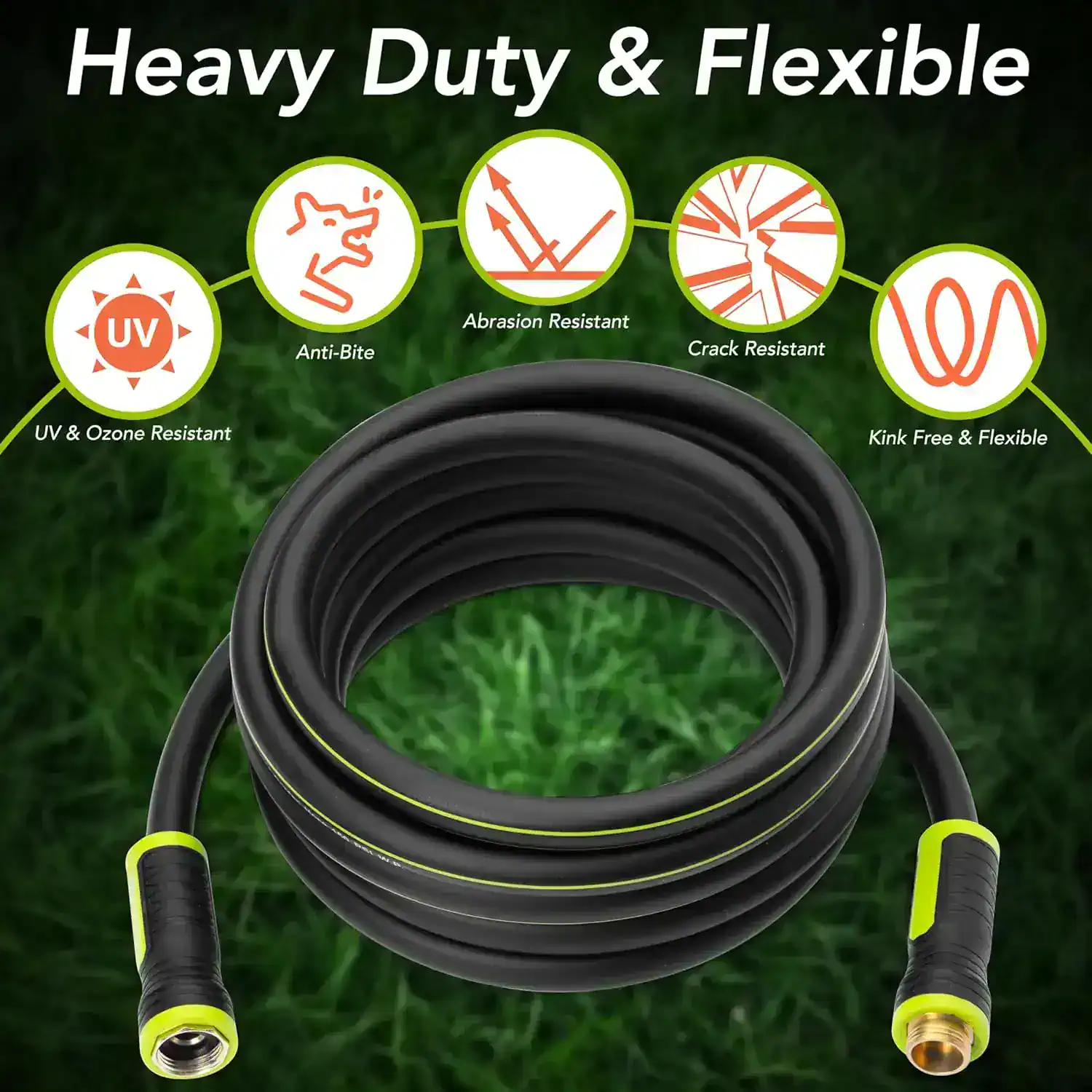 Heavy duty flexible garden hose with anti-bite, abrasion, and crack resistance, UV and ozone resistant, kink-free, and highly durable for outdoor watering needs.