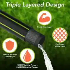Flexible black garden hose with green stripes, showcasing a multi-layered durable design; perfect for gardening and outdoor watering needs.