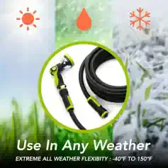 Flexible garden hose with spray nozzle ideal for all weather conditions, from -40°F to 150°F, suitable for watering gardens in any climate.