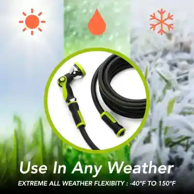 Flexible garden hose with spray nozzle ideal for all weather conditions, from -40°F to 150°F, suitable for watering gardens in any climate.