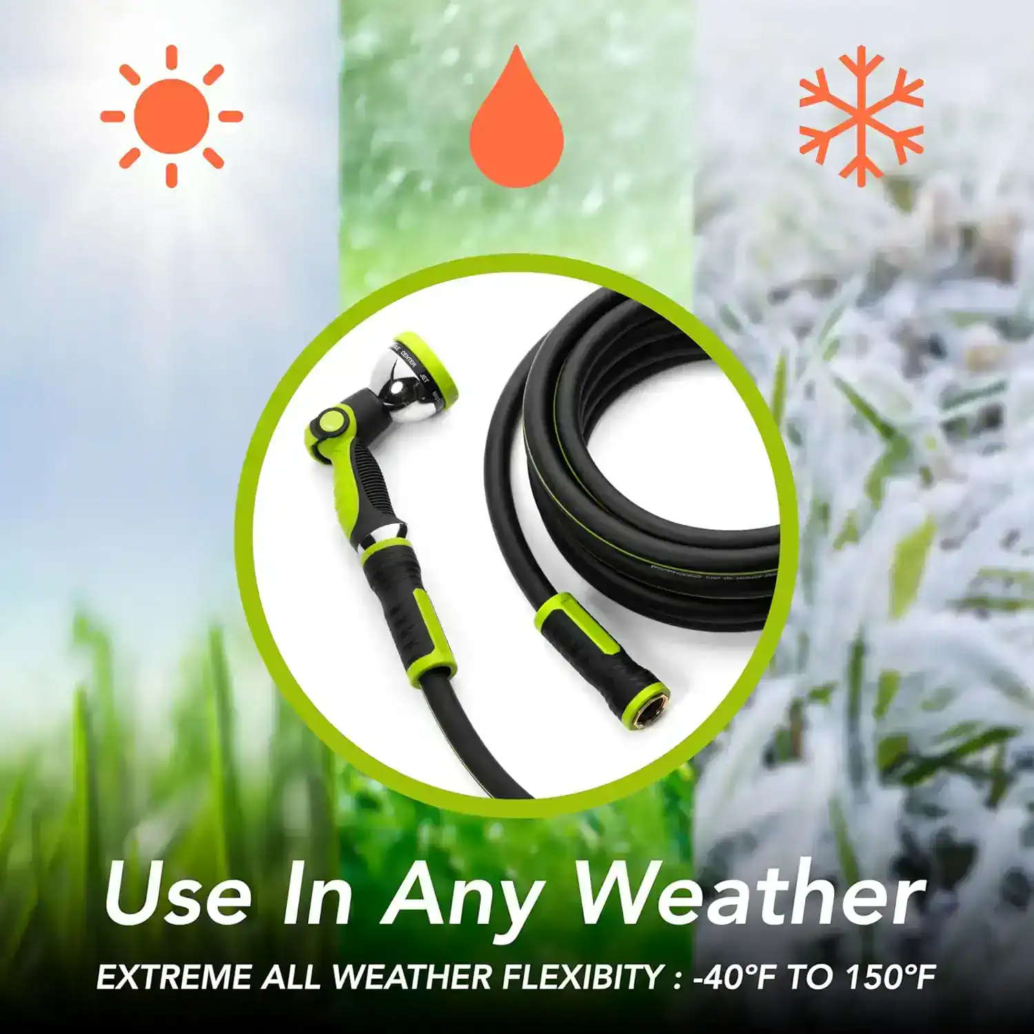 Flexible garden hose with spray nozzle ideal for all weather conditions, from -40°F to 150°F, suitable for watering gardens in any climate.