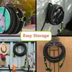 Flexible garden hose reel with easy storage for outdoor watering and cleaning tasks.