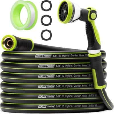 5. Flexible 5/8" ID Hybrid Garden Hose with spray nozzle and accessories for efficient watering and gardening tasks. Designed for durability and ease of use.