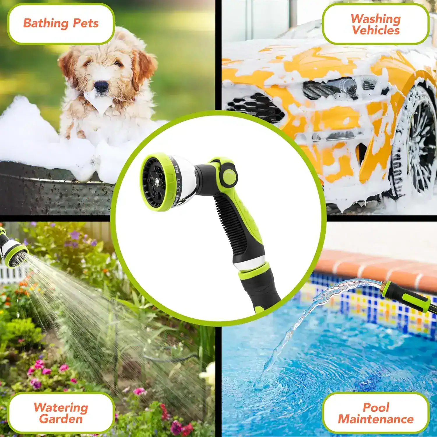 High-pressure garden hose nozzle for watering flowers, pets, and vehicles, ideal for pool maintenance and outdoor cleaning tasks - versatile garden sprayer for home and yard care.