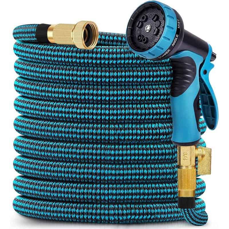 Flexible garden hose with spray nozzle and brass fittings for watering plants and outdoor cleaning purposes. Durable, lightweight, and high-quality material for efficient gardening tasks.