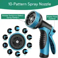 Enhanced water spray nozzle for gardening and outdoor watering; adjustable spray patterns and water flow control, featuring rotating switch and multiple spray options.