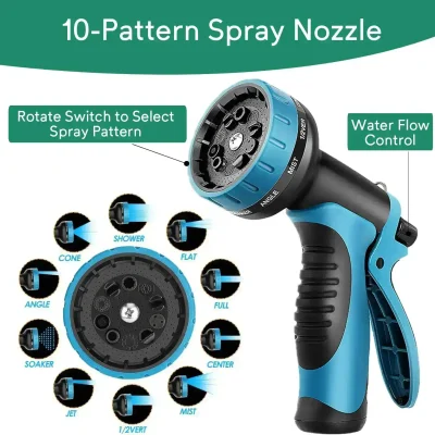 Enhanced water spray nozzle for gardening and outdoor watering; adjustable spray patterns and water flow control, featuring rotating switch and multiple spray options.
