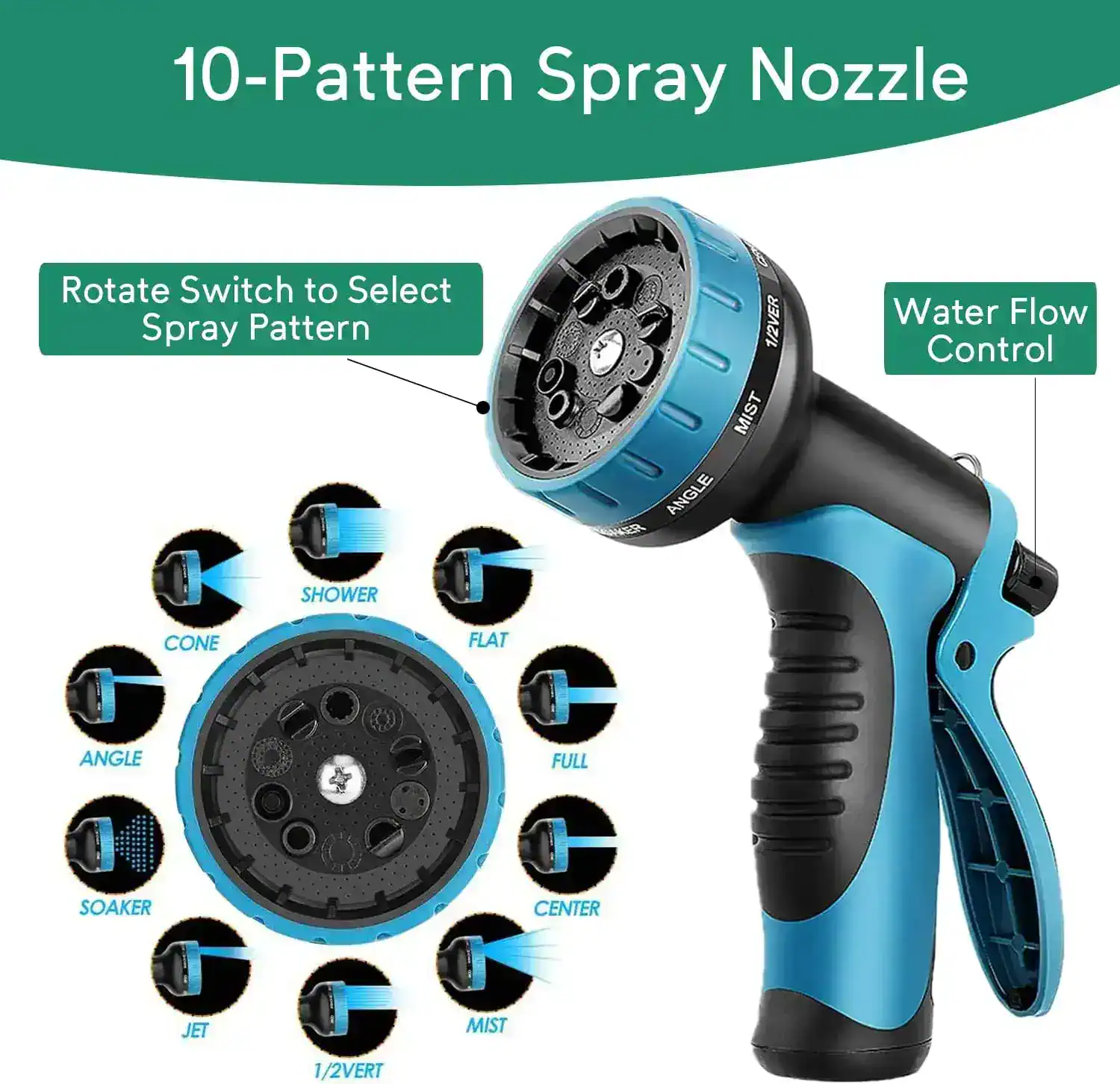 Enhanced water spray nozzle for gardening and outdoor watering; adjustable spray patterns and water flow control, featuring rotating switch and multiple spray options.