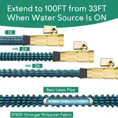 Extendable water faucet hose with brass fittings and reinforced polyester fabric, suitable for high water pressure, ideal for garden irrigation and outdoor plumbing connections.