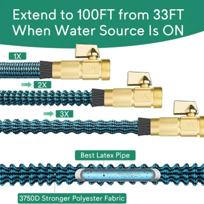 Extendable water faucet hose with brass fittings and reinforced polyester fabric, suitable for high water pressure, ideal for garden irrigation and outdoor plumbing connections.