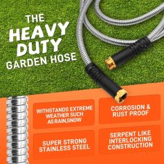Heavy duty garden hose with stainless steel and corrosion-resistant features, ideal for outdoor use.