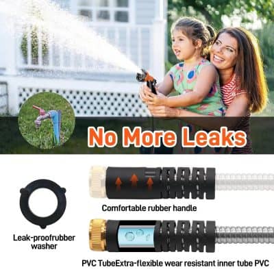 Flexible garden hose nozzle with leak-proof rubber washer, adjustable spray settings, and comfortable rubber handle for efficient watering. Perfect for outdoor gardening and lawn care.