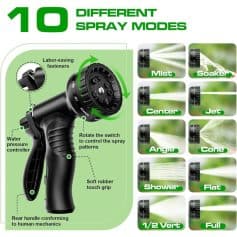 10 spray modes garden watering nozzle for precise irrigation with ergonomic handle and adjustable spray patterns.