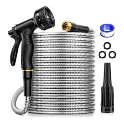 Flexible stainless steel vacuum hose with a black handheld vacuum attachment, gold connector, extra rings, and accessories for high-quality optical cleaning and maintenance.