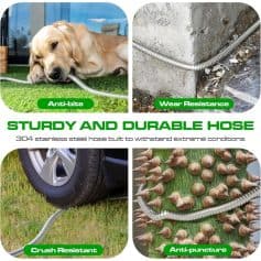 Sturdy stainless steel hose for pet and appliance use, resistant to wear, crushing, anti-bite and anti-puncture features, ideal for reliable and durable connections in various environments.