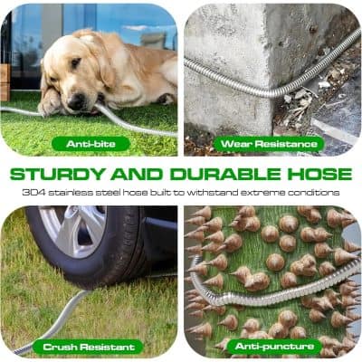 Sturdy stainless steel hose for pet and appliance use, resistant to wear, crushing, anti-bite and anti-puncture features, ideal for reliable and durable connections in various environments.