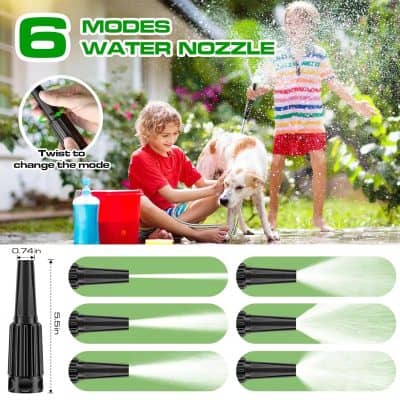6 modes water nozzle for garden watering and cleaning, adjustable spray settings, handheld design, easy twist to change modes, ideal for outdoor watering tasks.