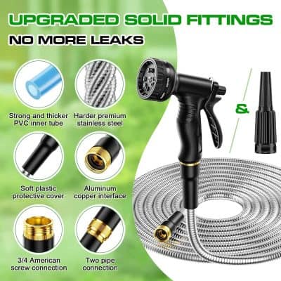 Flexible garden hose with solid fittings, durable PVC inner tube, stainless steel connectors, and leak-proof design, perfect for watering and gardening tasks.